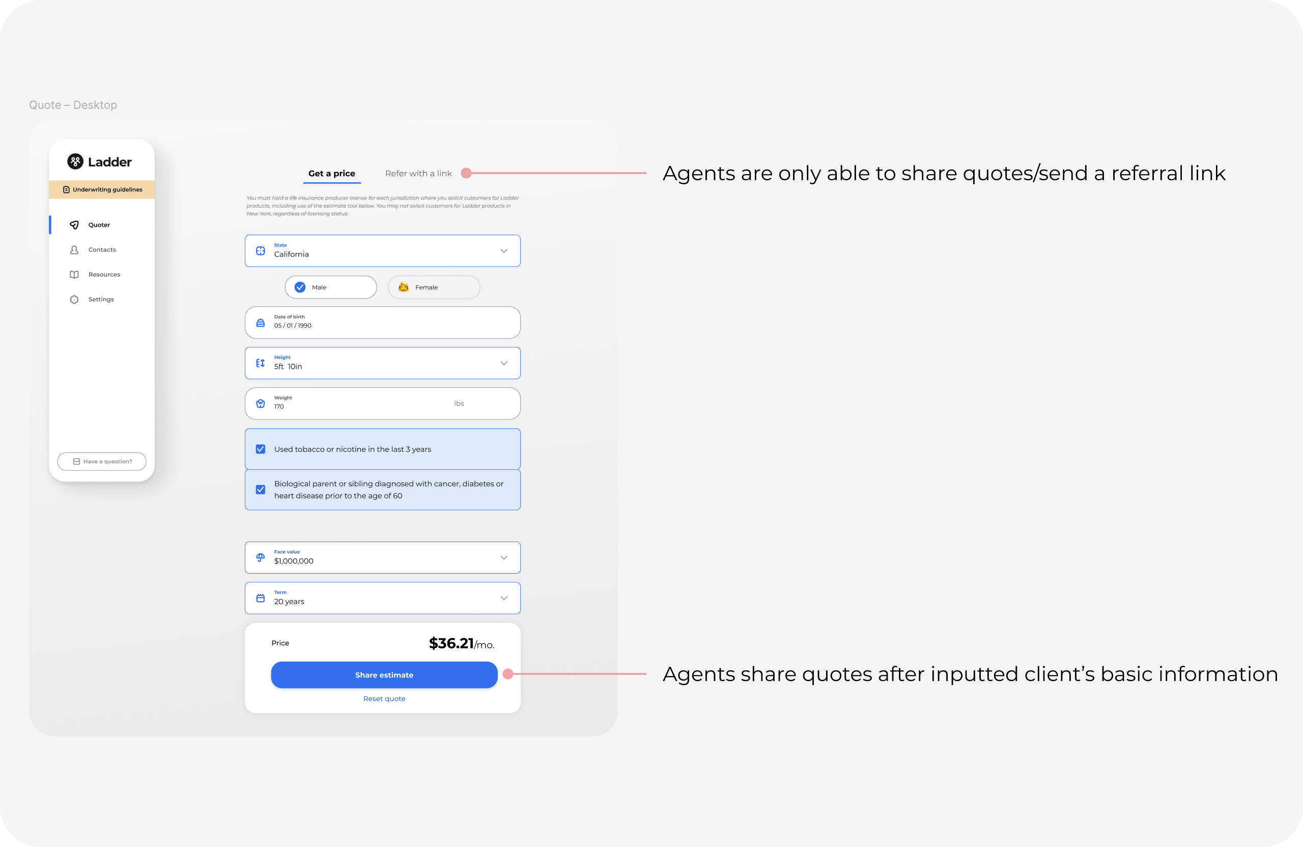 Current agent experience showing limited control after sharing a quote